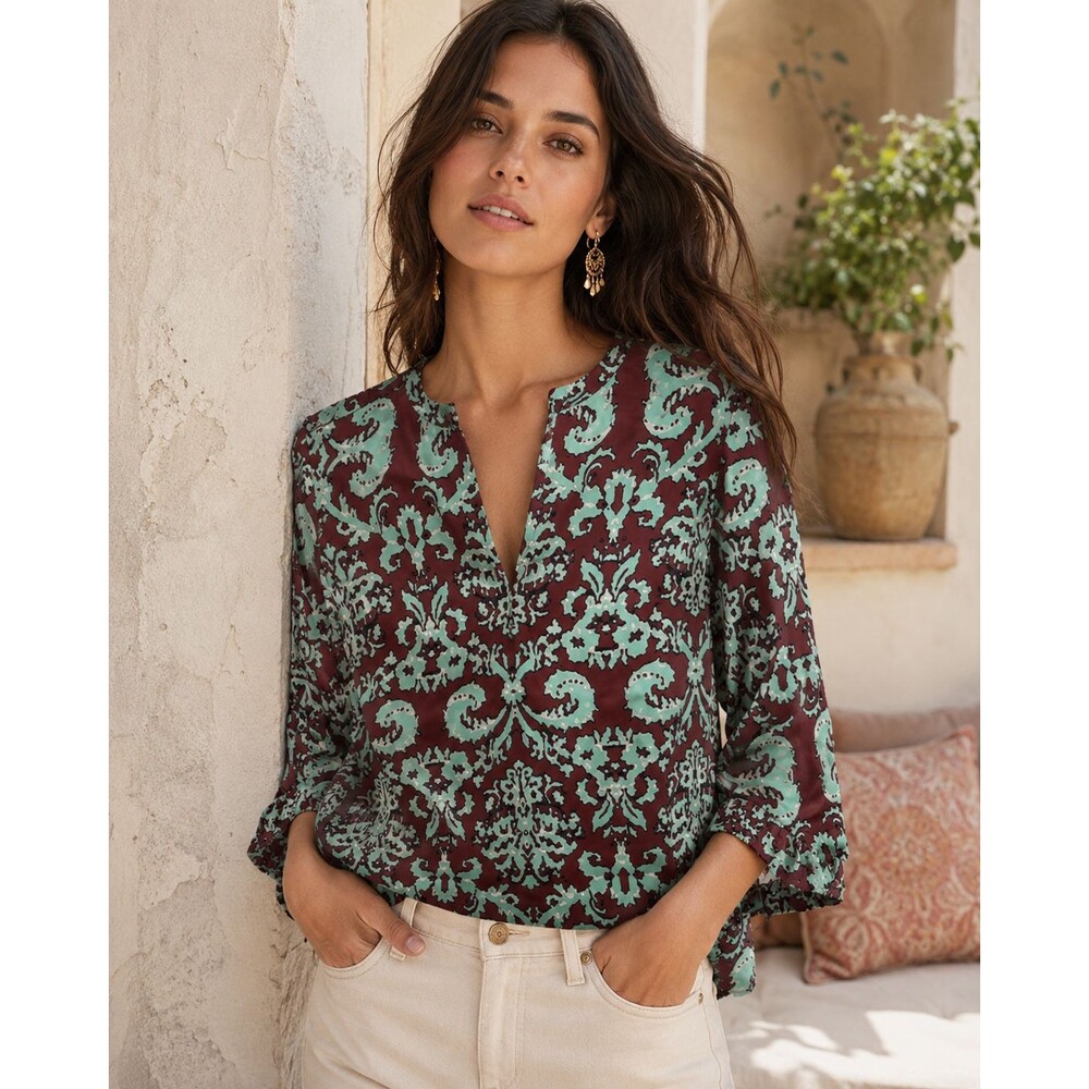 The Limited Women's S Burgundy Mint Paisley Blouse Roll Tab Sleeve V-Neck